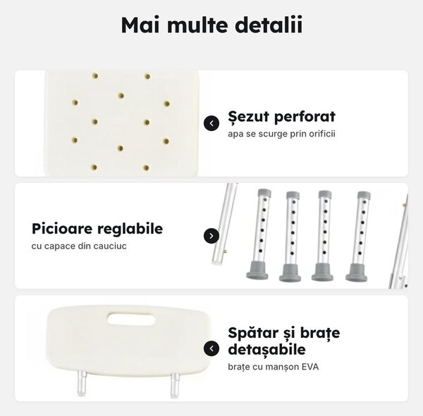 Scaun de duș cu spătar și brațe, aluminiu, reglabil 74–87 cm, până la 135 kg
