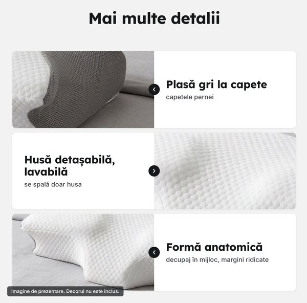 Pernă cervicală din spumă cu memorie, formă anatomică, husă detașabilă lavabilă