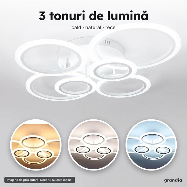 Lustră LED 4+2 cercuri albă, 80 cm, 2 × 56 W, dimabilă, cu telecomandă