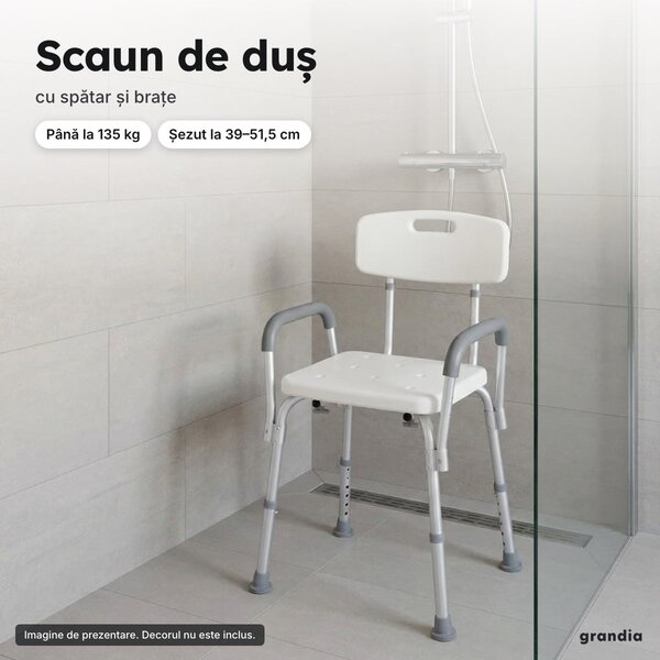 Scaun de duș cu spătar și brațe, aluminiu, reglabil 74–87 cm, până la 135 kg