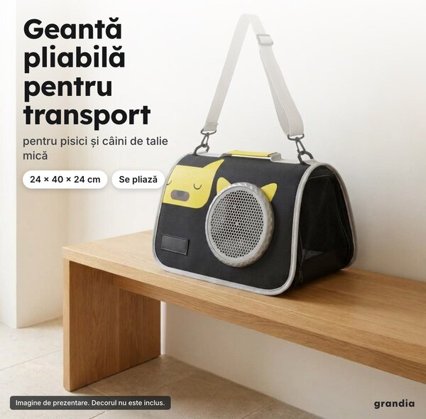 Geantă pliabilă de transport pentru pisici și câini mici, 24 × 40 × 24 cm, neagră