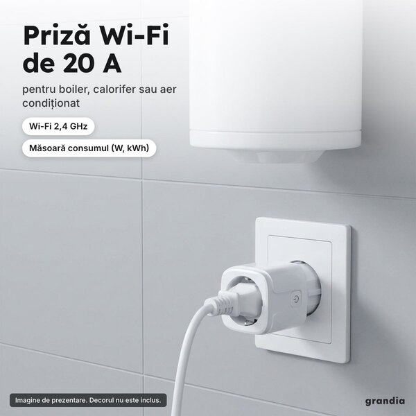 Priză inteligentă Wi-Fi 20 A cu măsurare consum, pentru boiler și calorifer