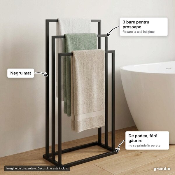 Suport de podea pentru prosoape cu 3 bare, negru mat, 84 × 45 cm