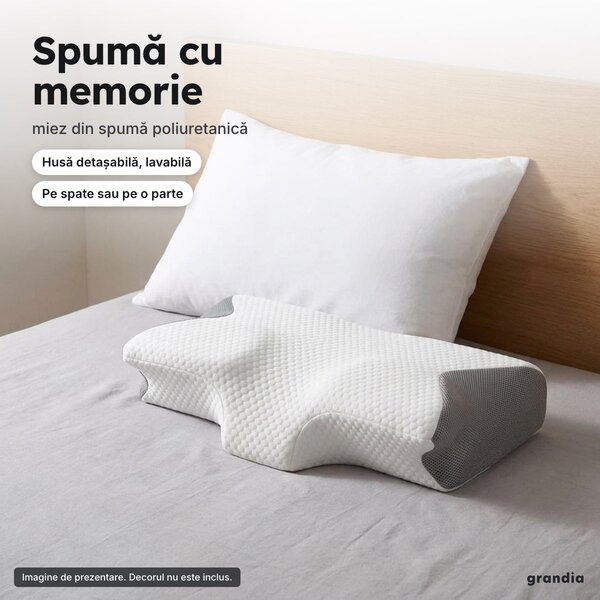 Pernă cervicală din spumă cu memorie, formă anatomică, husă detașabilă lavabilă