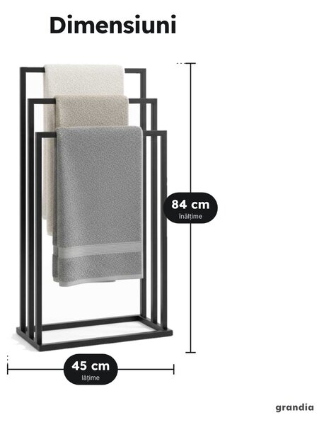 Suport de podea pentru prosoape cu 3 bare, negru mat, 84 × 45 cm
