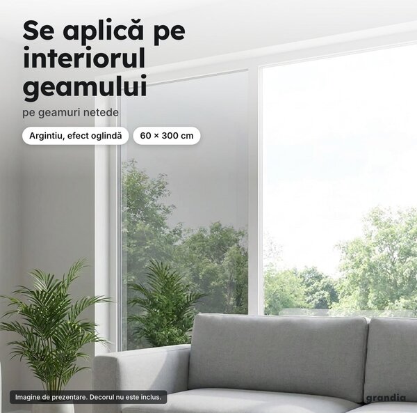 Folie oglindă argintie pentru geam, 60 × 300 cm, aplicare cu apă