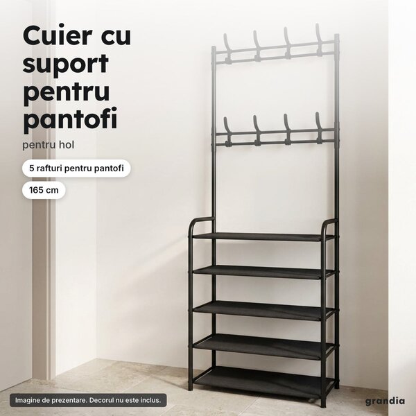 Cuier negru cu suport pentru pantofi, 5 rafturi, 165 cm