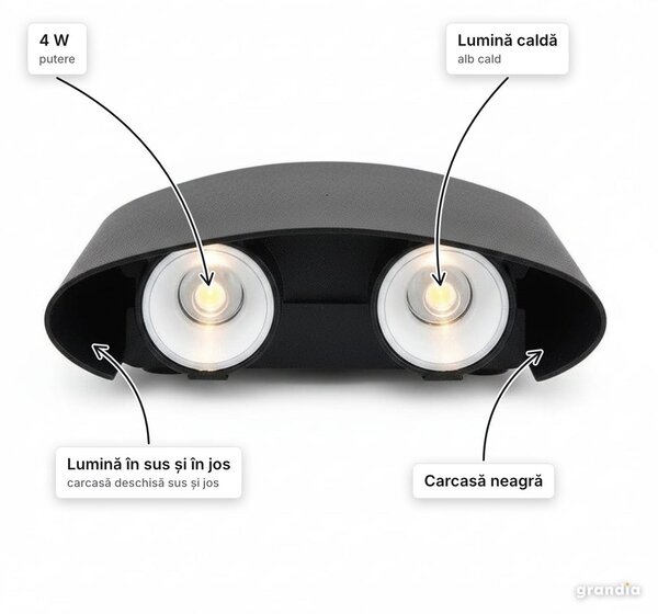 Aplică LED de exterior 4 W neagră, lumină caldă sus și jos