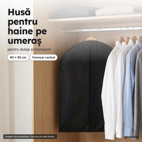 Husă pentru haine pe umeraș, 60 × 90 cm, neagră, cu fermoar central