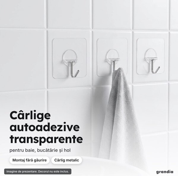 Set 10 cârlige autoadezive transparente, cu montaj fără găurire