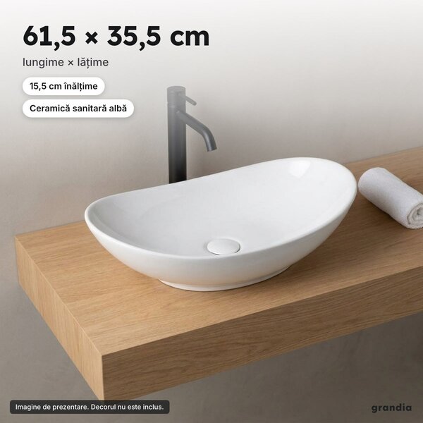 Lavoar oval pe blat Royal, ceramică albă lucioasă, 61,5 × 35,5 cm