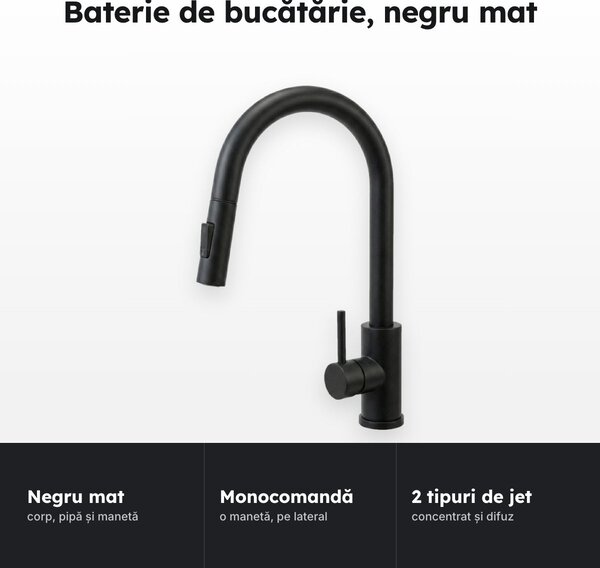 Baterie de bucătărie monocomandă Fresh, negru mat, pipă curbată, 2 tipuri de jet