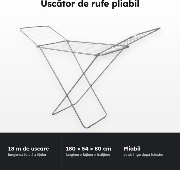 Uscător de rufe pliabil din metal, 180 × 54 × 80 cm, 18 m de uscare