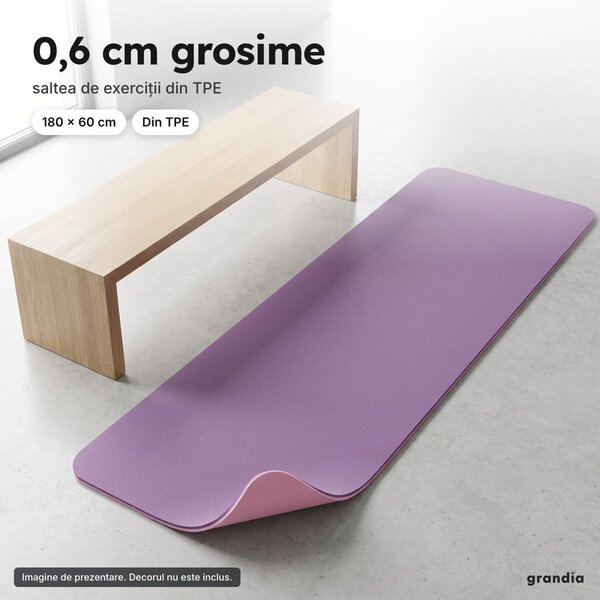 Saltea fitness TPE 180 × 60 cm, 0,6 cm grosime, violet și roz