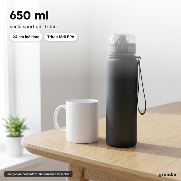 Sticlă sport 650 ml din Tritan fără BPA, neagră