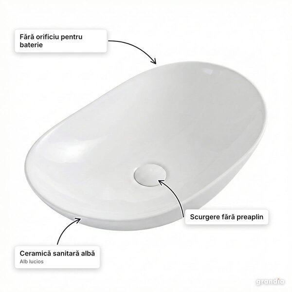 Lavoar oval pe blat Royal, ceramică albă lucioasă, 61,5 × 35,5 cm
