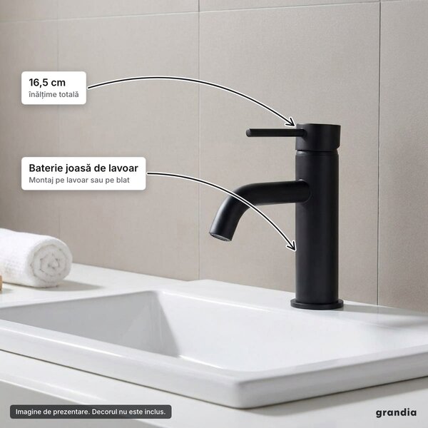 Baterie joasă pentru lavoar, negru mat, 16,5 cm, montaj pe lavoar sau blat