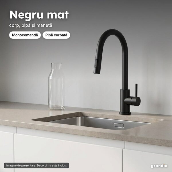 Baterie de bucătărie monocomandă Fresh, negru mat, pipă curbată, 2 tipuri de jet