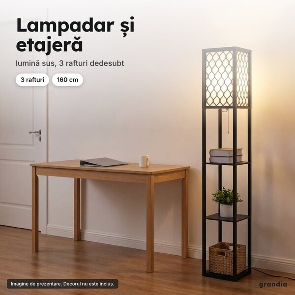 Lampadar cu 3 rafturi și abajur ajurat, 160 cm, negru