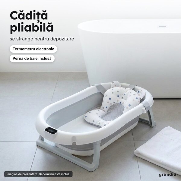 Cădiță pliabilă pentru bebeluși, cu termometru electronic și pernă de baie, gri