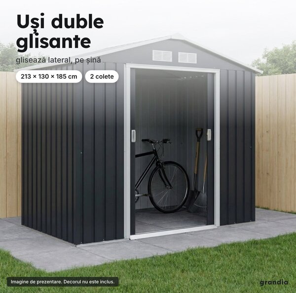 Magazie de grădină din oțel galvanizat 213 × 130 × 185 cm, uși glisante, gri antracit