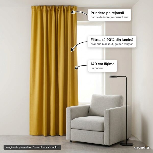 Draperie blackout galben muștar cu rejansă, 140x244 cm, opacitate 90%