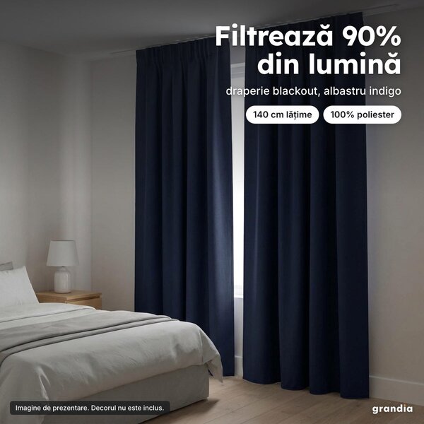 Draperie blackout cu rejansă, albastru indigo, 140 cm lățime, opacitate 90%