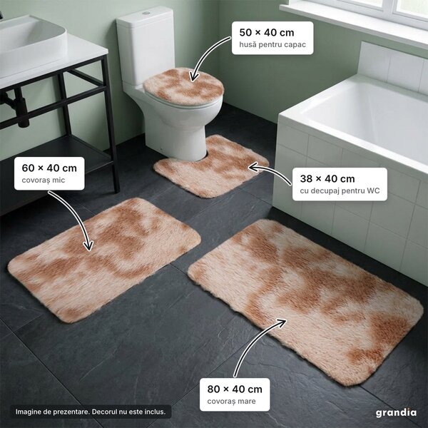 Set 4 covorașe de baie crem: 80 × 40, 60 × 40, covoraș WC și husă capac