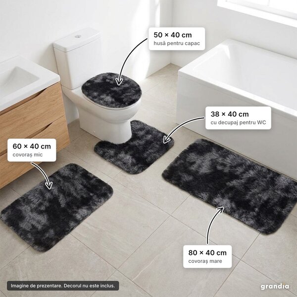 Set 4 covorașe de baie negru cu gri: 80 × 40, 60 × 40, covoraș WC și husă capac