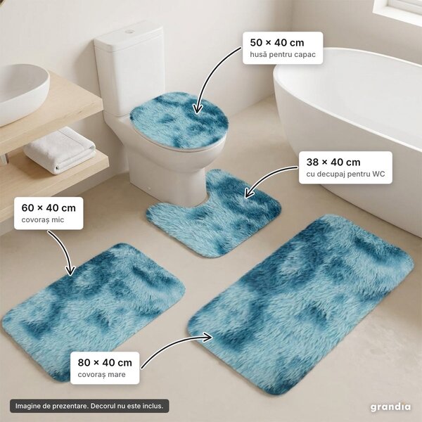 Set 4 covorașe de baie turcoaz: 80 × 40, 60 × 40, covoraș WC și husă capac