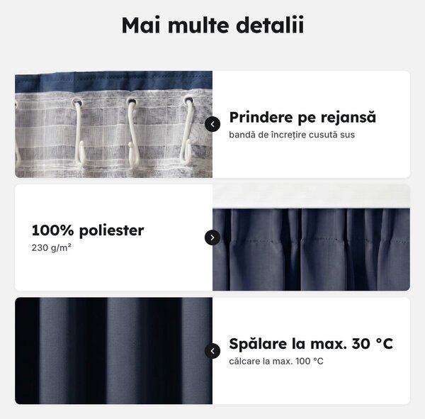 Draperie blackout cu rejansă, albastru indigo, 140 cm lățime, opacitate 90%