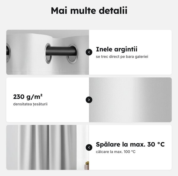Draperie blackout albă cu inele argintii, 140 cm lățime, opacitate 90%