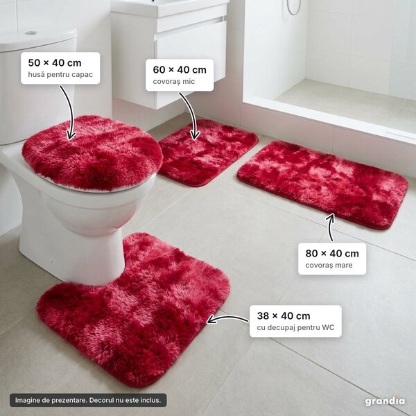 Set 4 covorașe de baie roșu: 80 × 40, 60 × 40, covoraș WC și husă capac