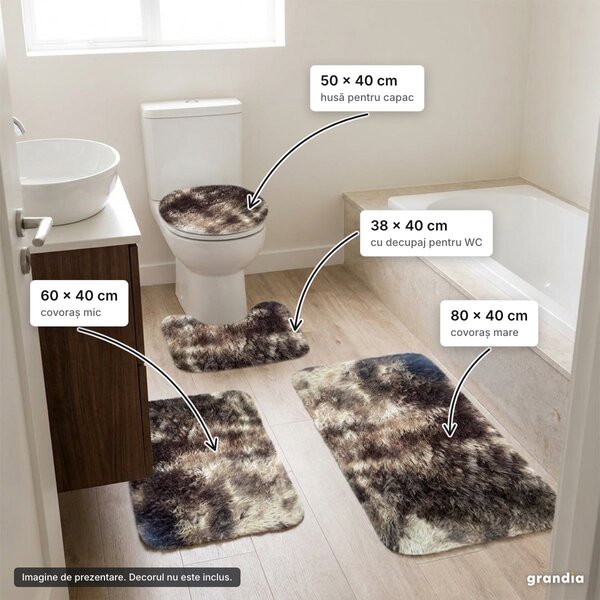 Set 4 covorașe de baie maro: 80 × 40, 60 × 40, covoraș WC și husă capac