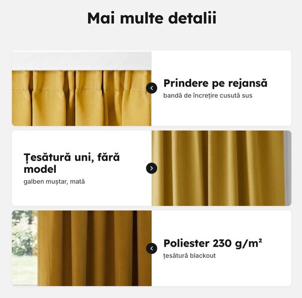 Draperie blackout galben muștar cu rejansă, 140x244 cm, opacitate 90%