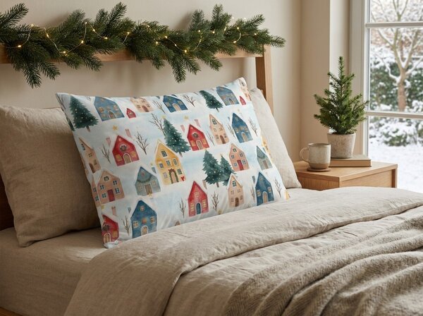 Husa pentru perna din bumbac WINTER VILLAGE 50x70 cm, colorat