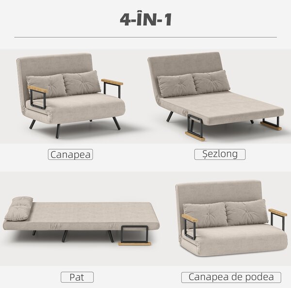 HOMCOM Canapea Pat de 2 Locuri cu Spătar Reglabil pe 5 Nivele și 2 Perne din Material Capitonat, 102x73x81 cm, Crem Alb | Aosom Romania