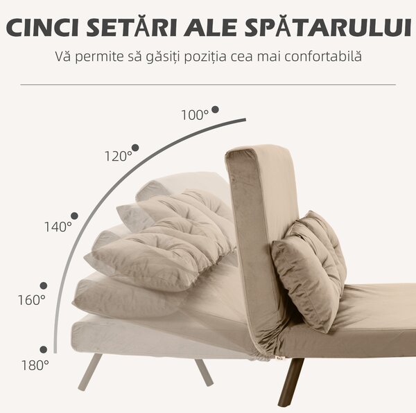 HOMCOM Canapea Pat de 2 Locuri cu Spătar Reglabil pe 5 Nivele și 2 Perne din Material Țesut Căptușit, 102x73x81 cm, Maro | Aosom Romania