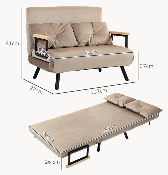 HOMCOM Canapea Pat de 2 Locuri cu Spătar Reglabil pe 5 Nivele și 2 Perne din Material Țesut Căptușit, 102x73x81 cm, Maro | Aosom Romania