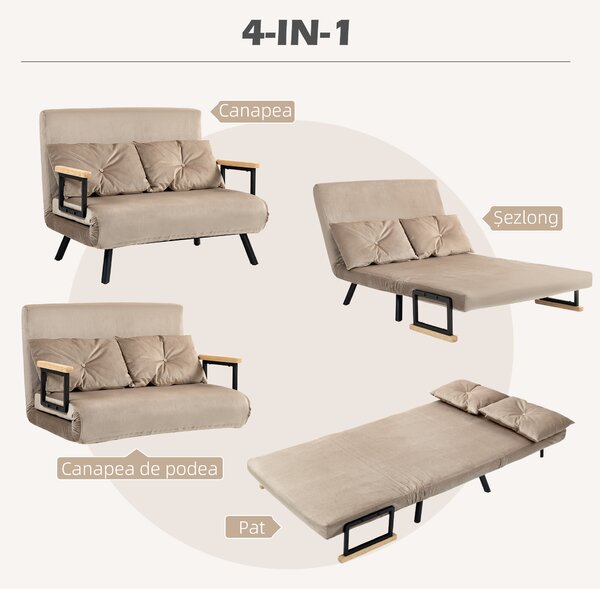 HOMCOM Canapea Pat de 2 Locuri cu Spătar Reglabil pe 5 Nivele și 2 Perne din Material Țesut Căptușit, 102x73x81 cm, Maro | Aosom Romania