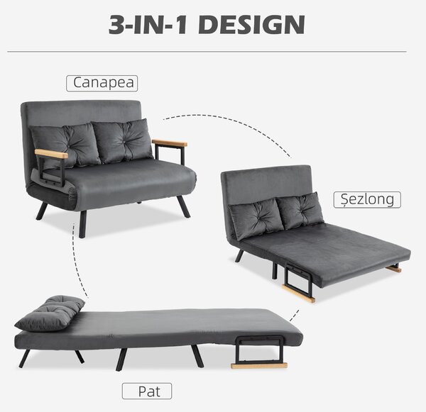 HOMCOM Canapea Pat de 2 Locuri cu Spătar Reglabil pe 5 Nivele și 2 Perne din Material Capitonat, 102x73x81 cm, Gri Închis | Aosom Romania
