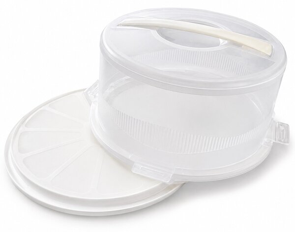 Platou rotund Pufo Cookies cu capac transparent pentru servire torturi, prajituri, briose, Ø 26 cm, alb