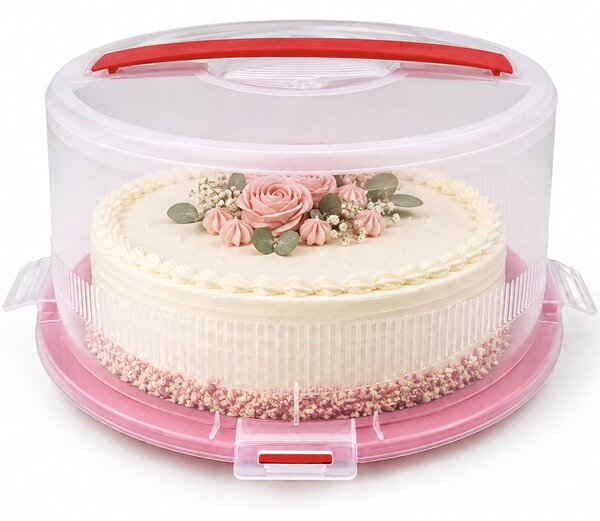 Platou rotund Pufo Cookies cu capac transparent pentru servire torturi, prajituri, briose, Ø 26 cm, rosu