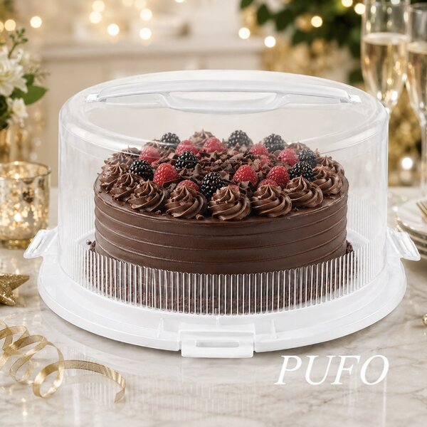 Platou rotund Pufo Cookies cu capac transparent pentru servire torturi, prajituri, briose, Ø 26 cm, alb