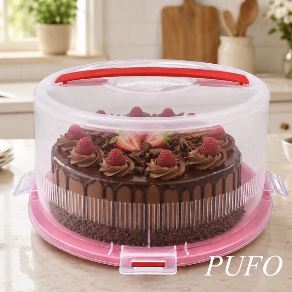 Platou rotund Pufo Cookies cu capac transparent pentru servire torturi, prajituri, briose, Ø 26 cm, rosu