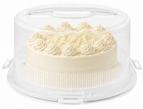 Platou rotund Pufo Cookies cu capac transparent pentru servire torturi, prajituri, briose, Ø 26 cm, alb
