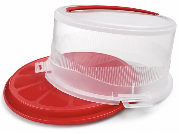 Platou rotund Pufo Cookies cu capac transparent pentru servire torturi, prajituri, briose, Ø 26 cm, rosu