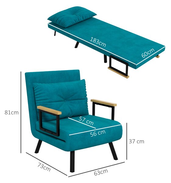 HOMCOM Canapea Extensibilă cu Spătar Reglabil pe 5 Nivele, Canapea Pat Individuală Pliabilă cu Perne, 63x73x81 cm, Albastru | Aosom Romania