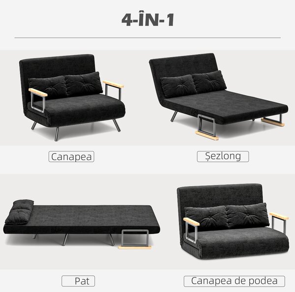 HOMCOM Canapea Pat de 2 Locuri cu Spătar Reglabil pe 5 Nivele și 2 Perne din Material Capitonat, 102x73x81 cm, Negru | Aosom Romania