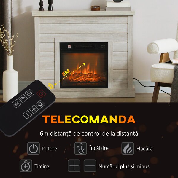 HOMCOM Șemineu Electric cu Flacără 3D, Oprire Automată, Încălzire Reglabilă și Temporizator, 96,5x22x81,7 cm, Gri Deschi | Aosom Romania